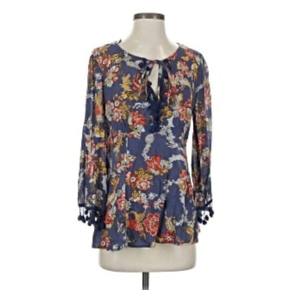 Miss Me Tops - Miss Me Boho Floral Peasant Blouse Multi Tie Neck Tassel Sleeve Top Womens Med